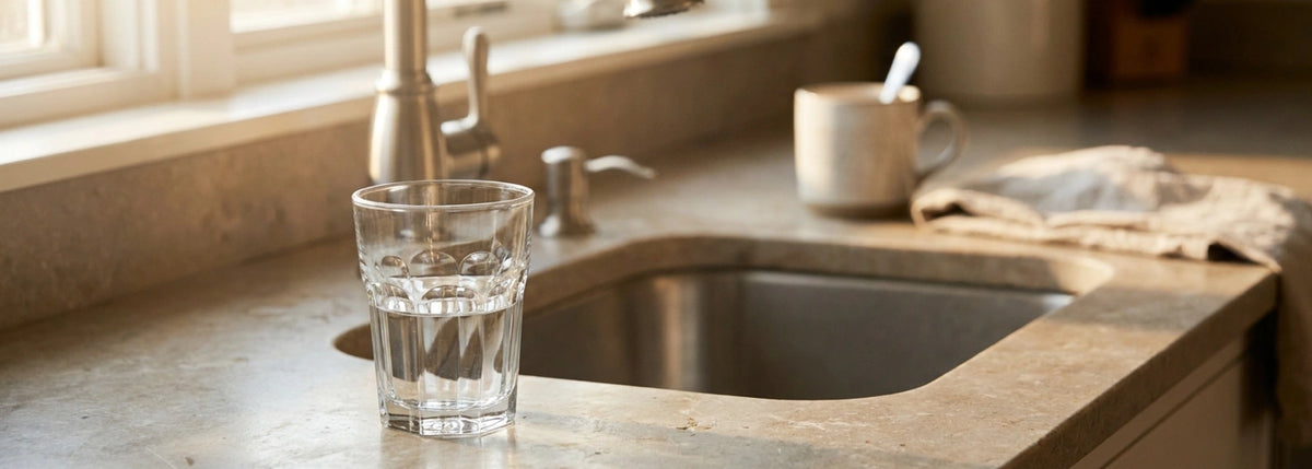 Glass of clear water on a bright modern U.S. kitchen counter with no filter product visible