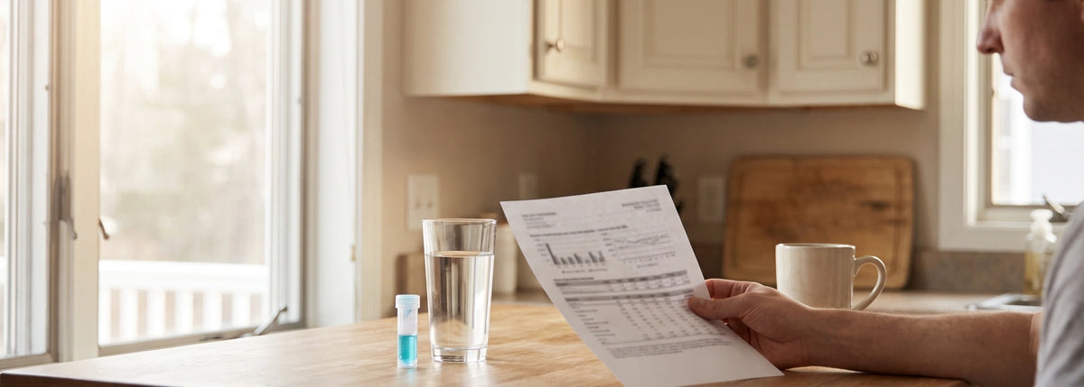 Homeowner reviewing a drinking water report beside a clear glass of water in a bright kitchen
