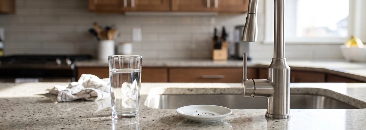 Clear glass of tap water and visible sediment on a kitchen counter after nearby road work
