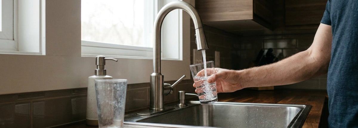 Person filling a drinking glass at a kitchen cold-water tap