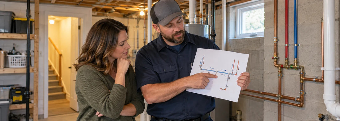 Homeowner and plumber reviewing water flow order in a U.S. basement utility room