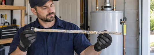 Plumber inspecting a depleted water heater anode rod beside a tank water heater