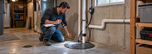 Homeowner inspecting sump pump drain routing in a U.S. basement