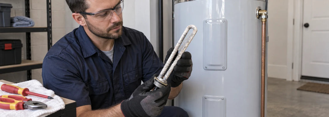 Technician inspecting mineral scale on a removed electric water heater element