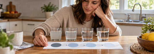 Homeowner comparing four reverse osmosis stages using a simple flow diagram and water samples