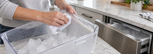 Homeowner cleaning white mineral scale from an ice machine bin