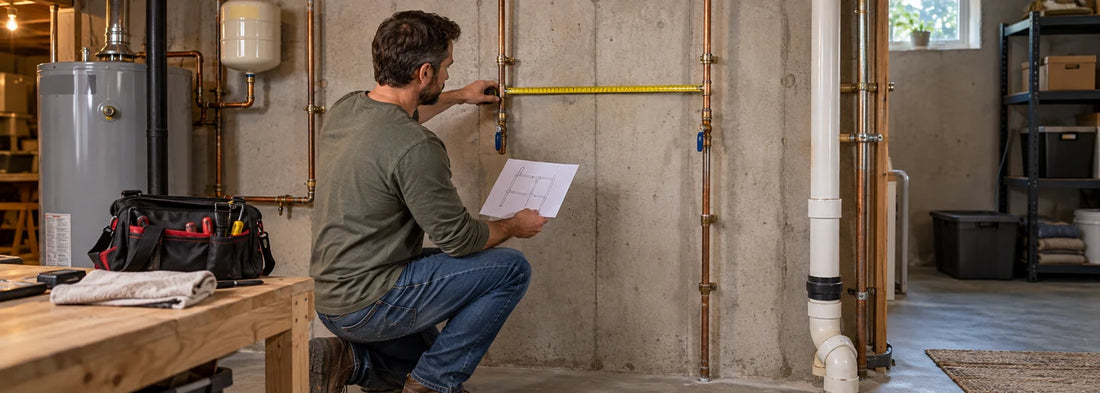 Homeowner measuring basement plumbing for a possible whole house filter installation
