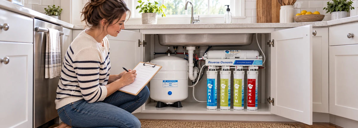 Homeowner reviewing an RKIN Flash reverse osmosis filter checklist beside the installed system