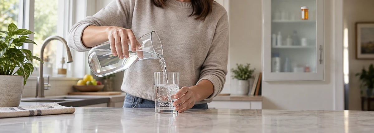 Homeowner pouring clear drinking water with household medicine stored separately in the background