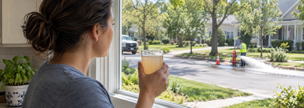 Homeowner holding brown tap water while municipal hydrant flushing continues nearby