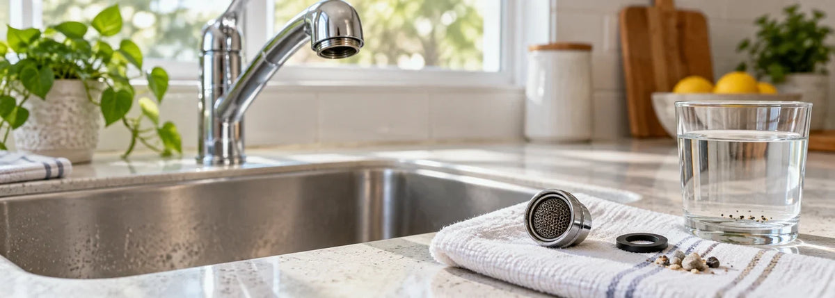 Faucet aerator, rubber washer, and small dark particles beside a clear glass of water
