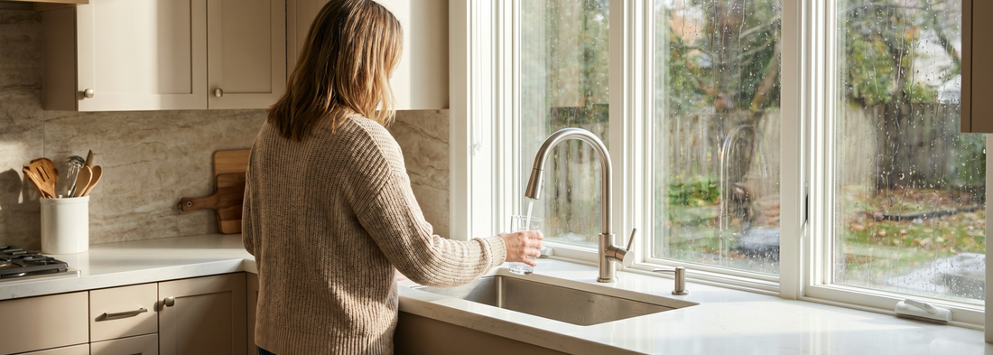 Woman filling a glass at a kitchen faucet while rain falls outside
