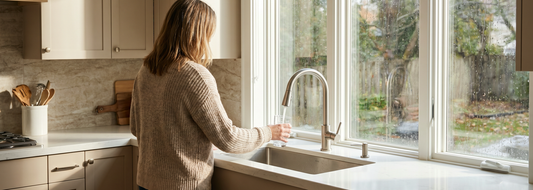 Woman filling a glass at a kitchen faucet while rain falls outside
