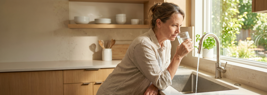 Woman checking the smell of a glass of tap water in a sunlit kitchen