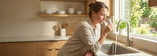 Woman checking the smell of a glass of tap water in a sunlit kitchen