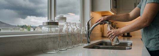 Kitchen faucet and stored drinking water prepared for a storm-related power outage