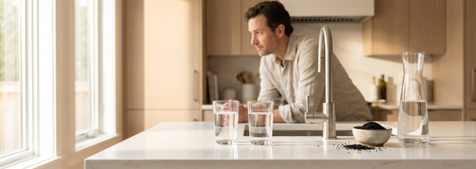 Homeowner comparing two glasses of water beside activated carbon