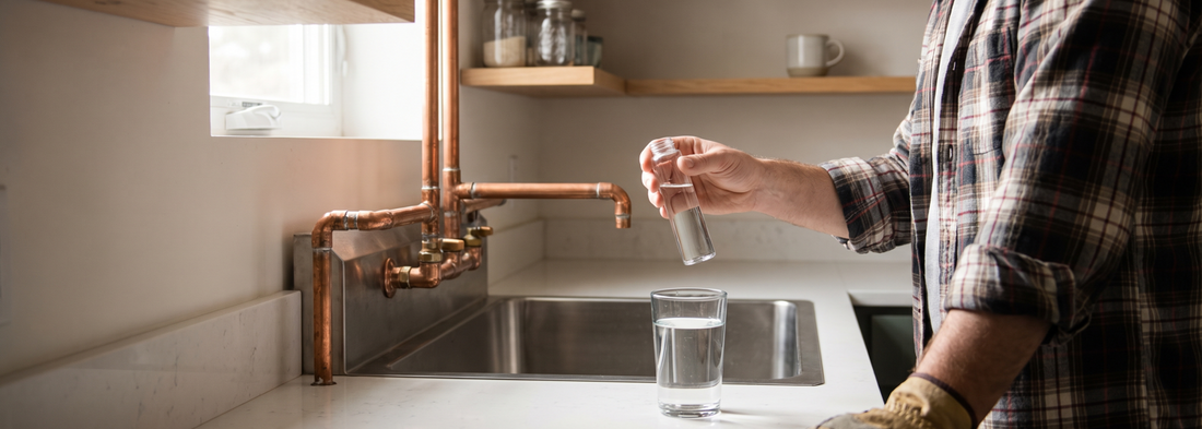 Homeowner comparing a water softener and drinking-water filter options for PFAS concerns