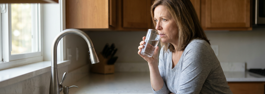 Homeowner comparing water from a kitchen faucet and refrigerator line after noticing a plastic taste