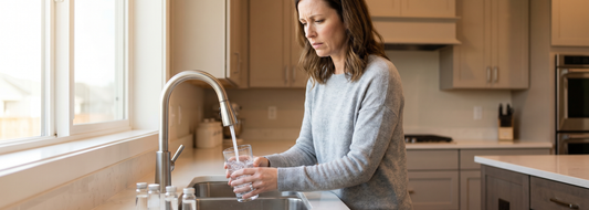 Concerned homeowner filling a glass of tap water beside sample bottles