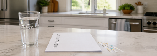 Glass of water beside a blank review checklist and water test strips