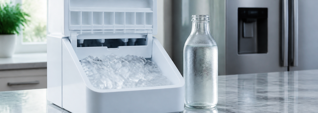 Home ice maker with clear ice and an unlabeled distilled water bottle