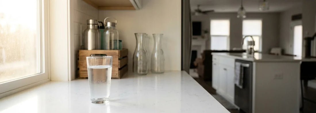 A bright U.S. kitchen counter with a clear glass of water and no visible water filter, lifestyle photo for a 5-gallon jug alternative guide