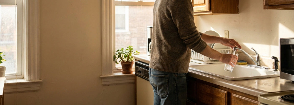 Renter filling a glass of clear water in a modern U.S. apartment kitchen