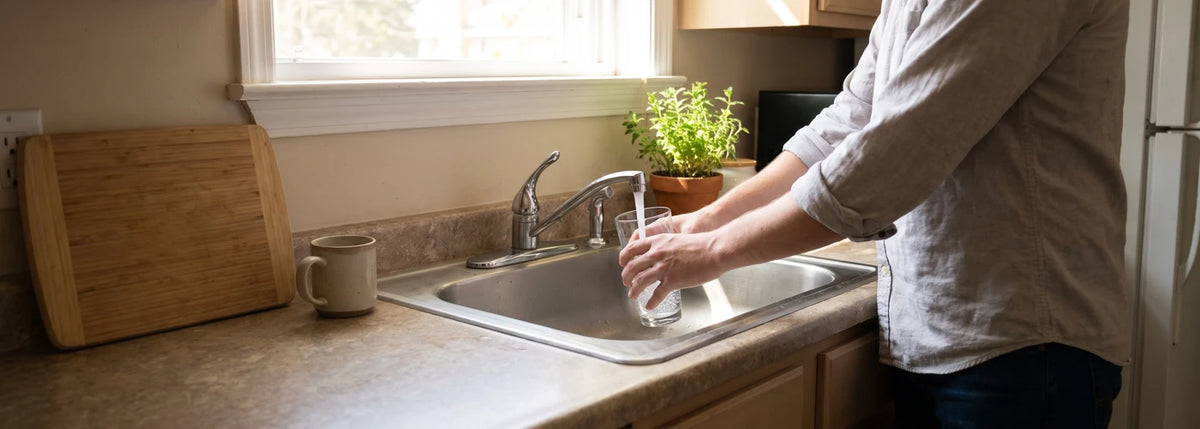 Person filling a glass from a kitchen sink in a U.S. apartment for a renter water filter guide