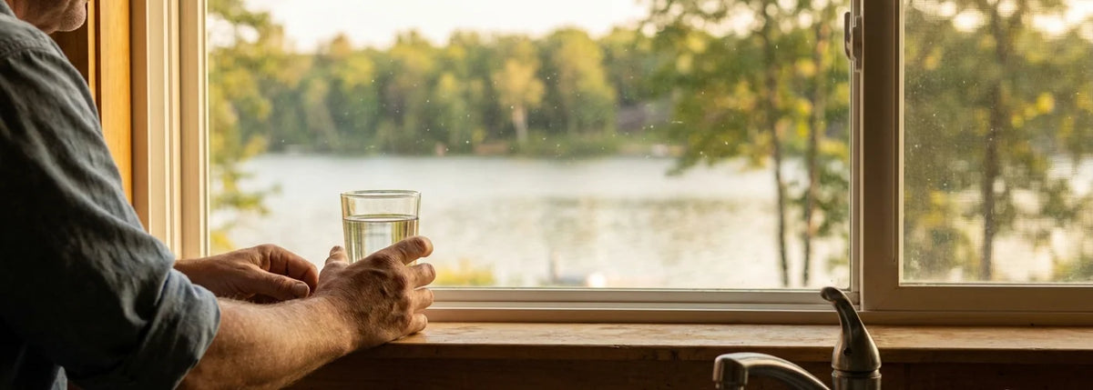 Homeowner holding a clear glass of water in a U.S. kitchen near a lake window view