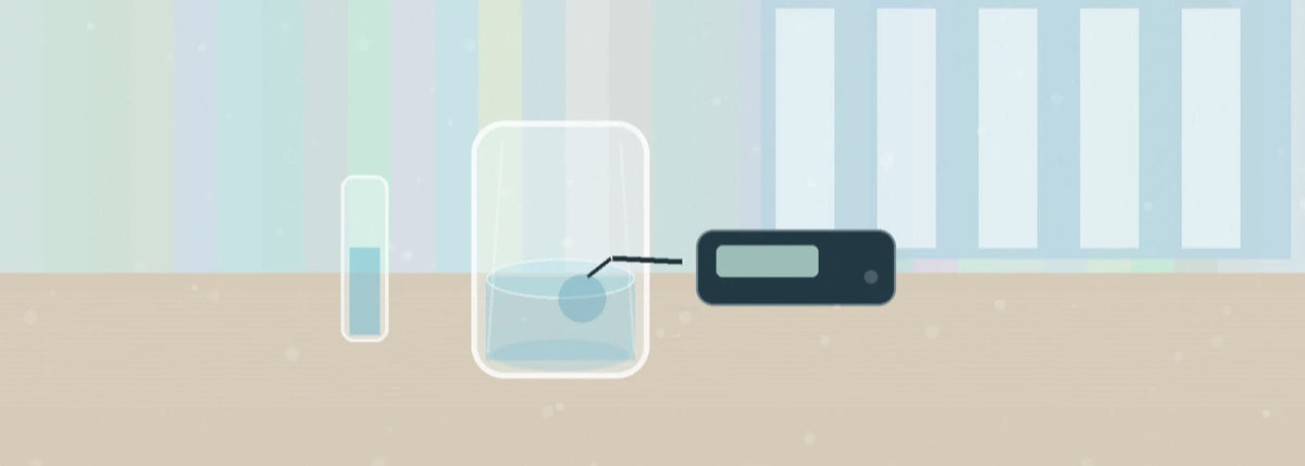 Homeowner checking a water sample and TDS meter on a bright kitchen counter