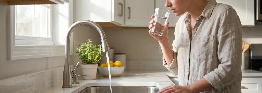 Homeowner holding a glass of water beside a kitchen sink while checking tap water quality
