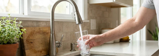 Clear glass of city tap water beside a kitchen faucet in a bright U.S. home