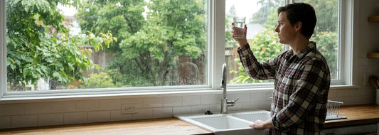 Homeowner holding a glass of cloudy tap water near a rainy U.S. kitchen window