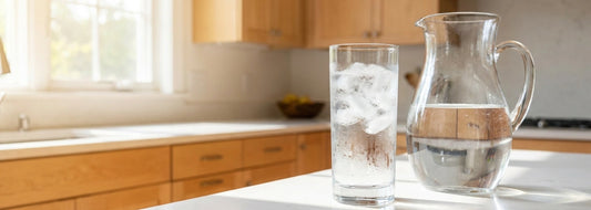 Modern U.S. kitchen counter with a cold glass of water, ice, and bright morning light