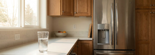 Glass of water beside a refrigerator dispenser in a U.S. kitchen