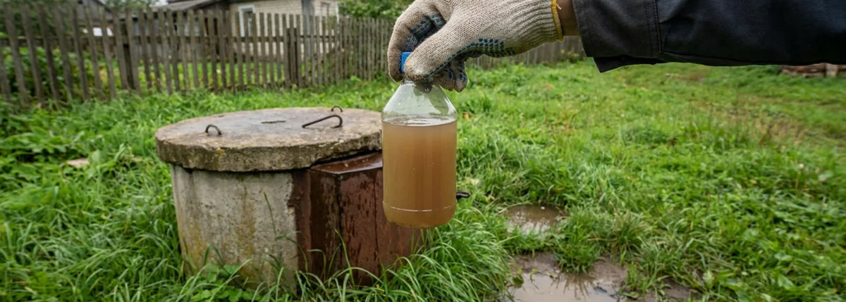 Gloved homeowner holding a cloudy water sample beside an older private well cover in a U.S. backyard