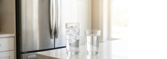 Clear ice and a glass of water beside a refrigerator in a bright U.S. kitchen