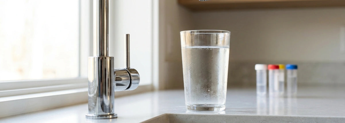 Clear glass of tap water on a bright U.S. kitchen counter with testing vials blurred in background