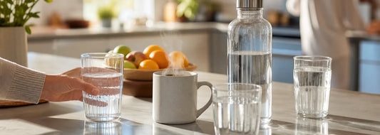 Family kitchen counter with glasses of water, tea mug, and fresh fruit in morning light