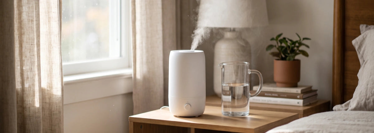 Humidifier running beside a clear water pitcher in a bright U.S. bedroom