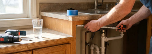 Homeowner checking sink plumbing before a reverse osmosis installation in a U.S. kitchen