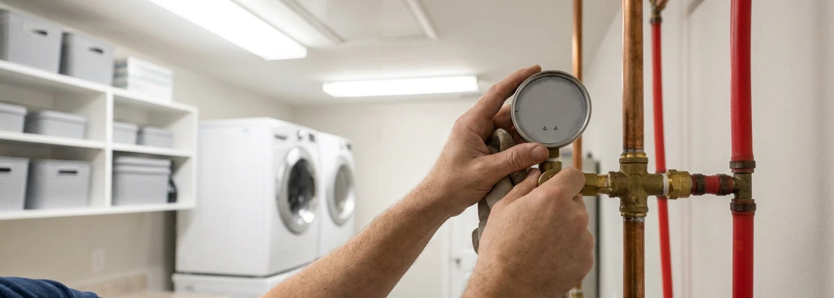 Homeowner checking a pressure gauge near whole house water filtration plumbing in a U.S. utility room
