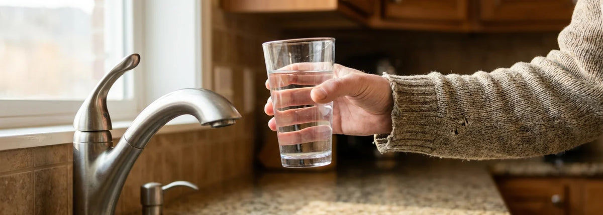 Homeowner holding a clear glass of tap water near a kitchen faucet