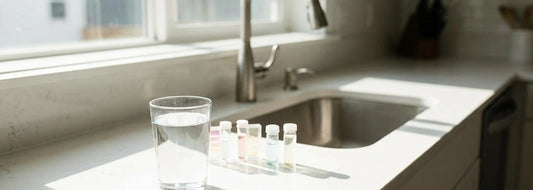 Clear glass of tap water beside home water testing supplies in a bright U.S. kitchen