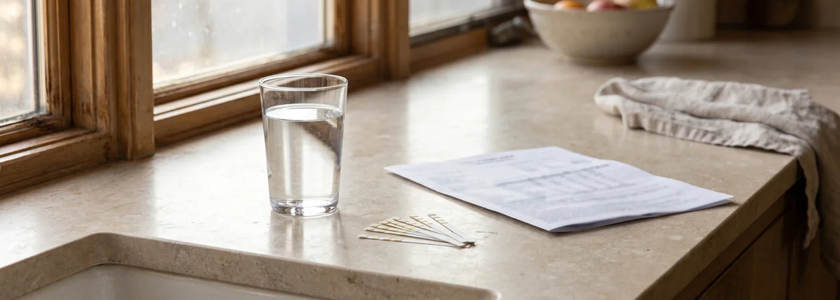Clear glass of drinking water on a bright U.S. kitchen counter with no purifier visible