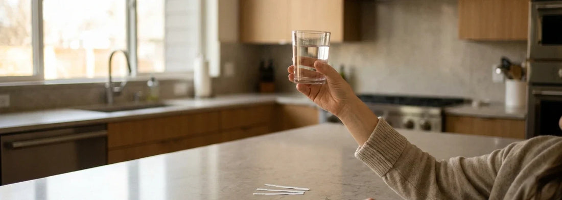 Glass of tap water and test strips on a modern U.S. kitchen counter for PFAS filter proof