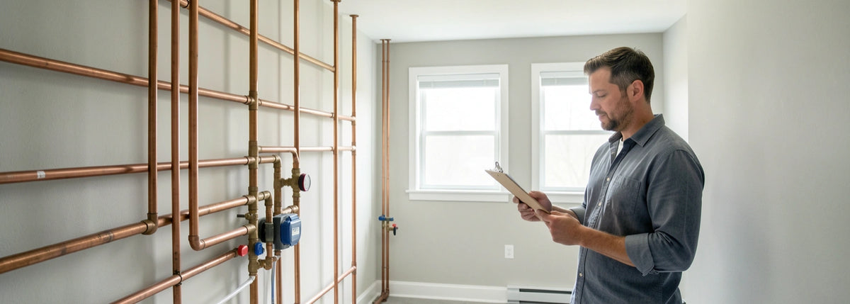 Homeowner reviewing plumbing in a utility room for a point-of-entry versus point-of-use water filter guide