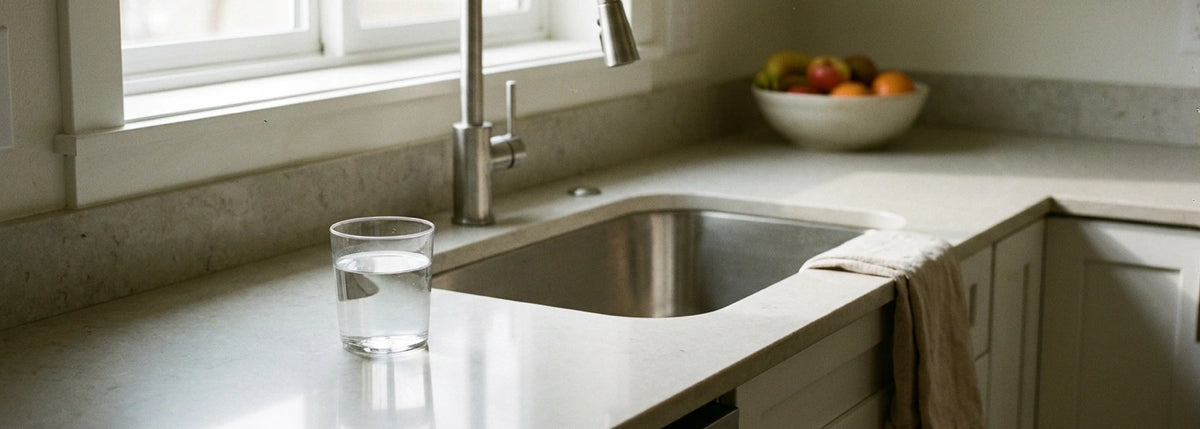 Modern U.S. kitchen counter with a glass of clear filtered water for a point-of-use reverse osmosis guide