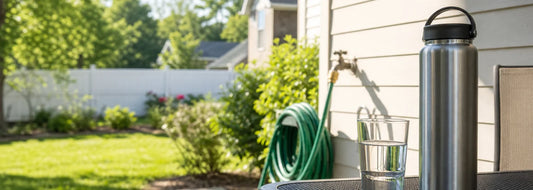 Backyard garden hose near a patio table with a clean glass of indoor filtered water